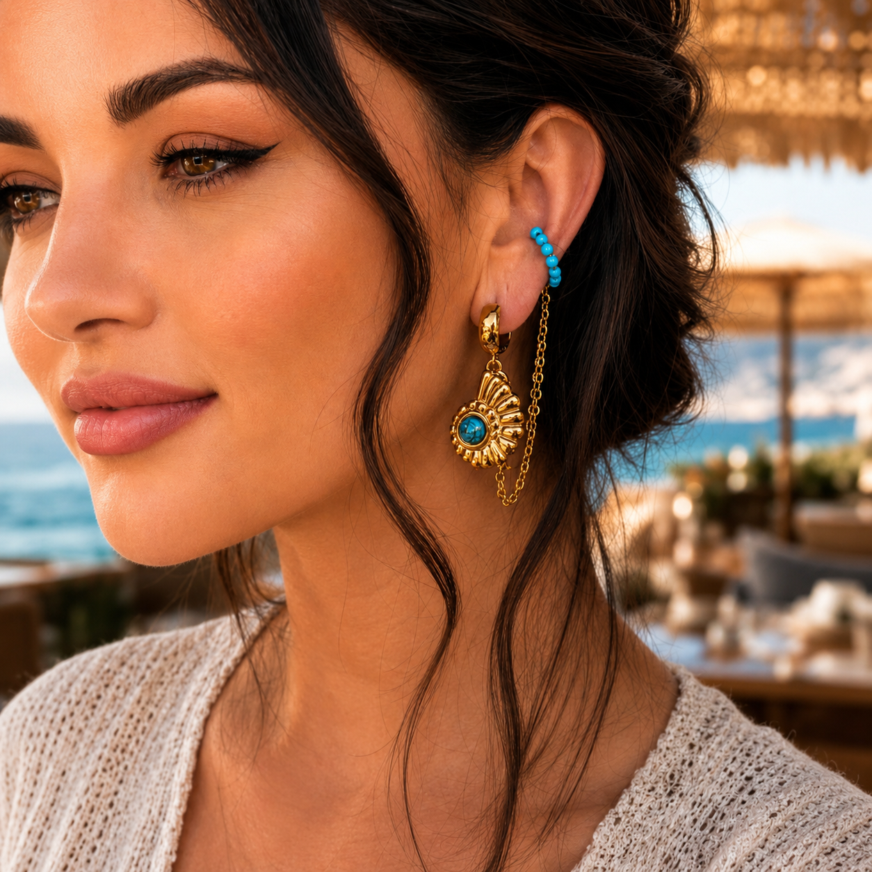 Turquoise Shell Chain Ear Cuff