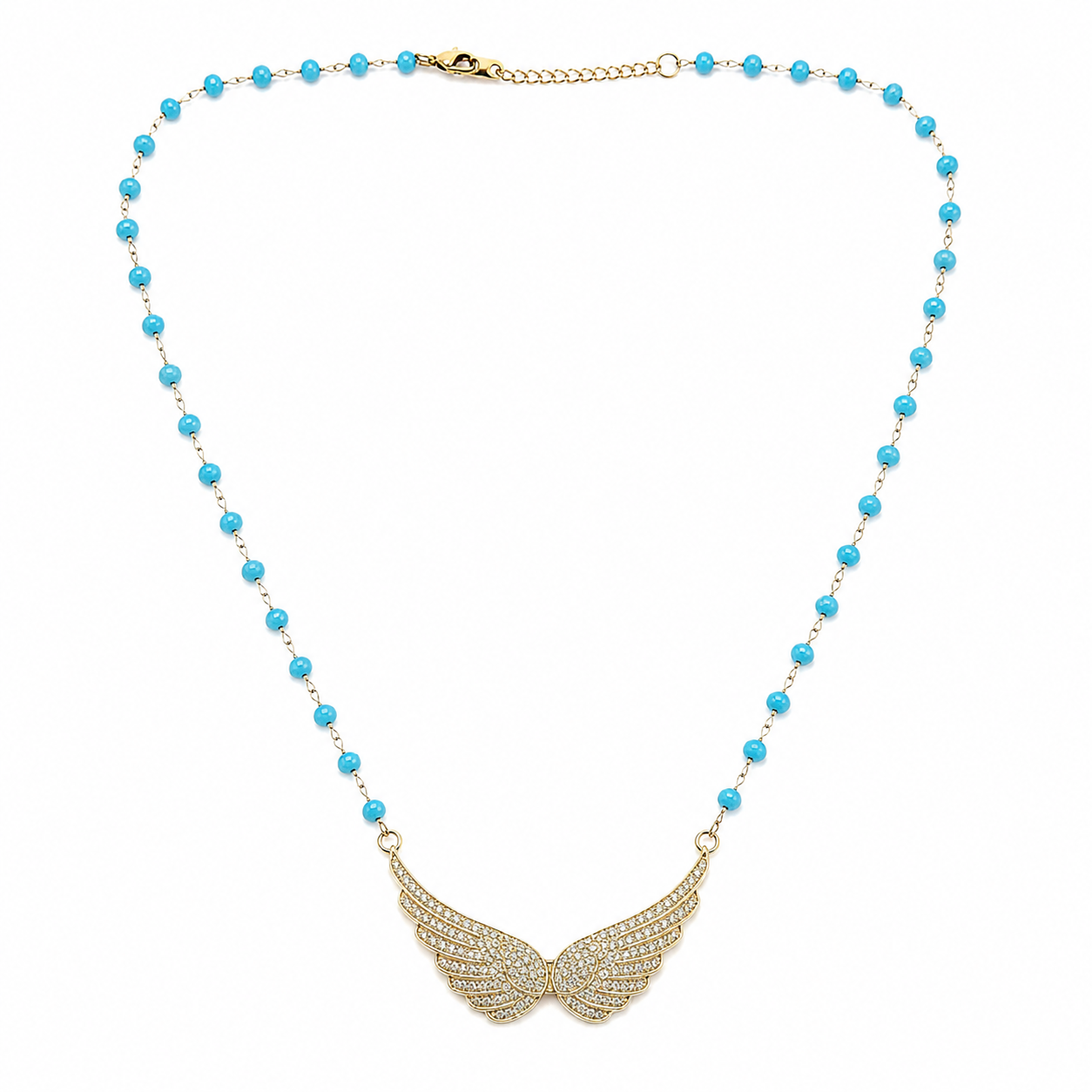 Blue Rosary Angel Wings Necklace