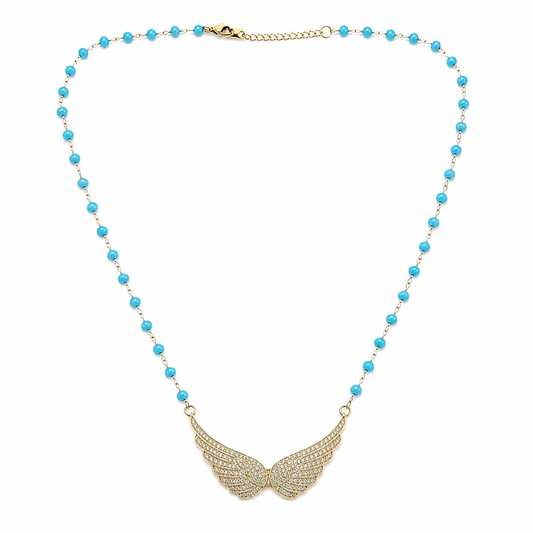Blue Rosary Angel Wings Necklace