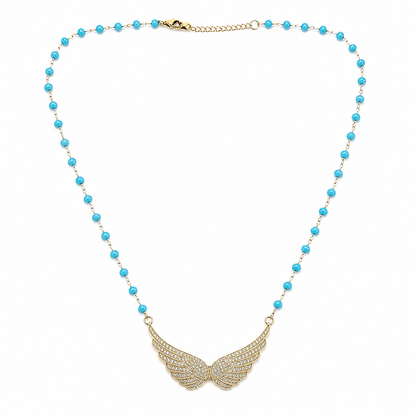 Blue Rosary Angel Wings Necklace