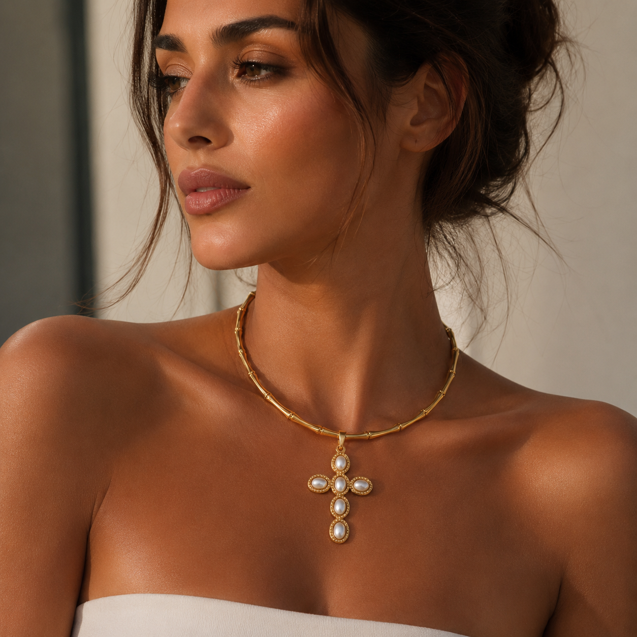 Pearl Cross Bamboo Choker