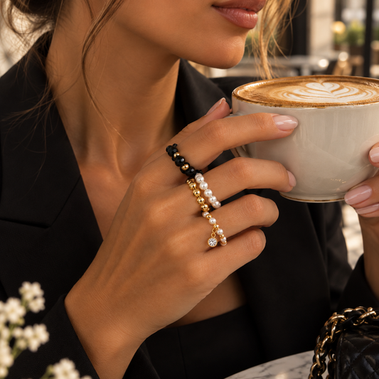 Golden Black & Pearl – Four Ring Set